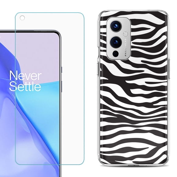 Slim-Fit TPU Phone Case Compatible with OnePlus 9 5G, with Tempered Glass Screen Protector, by OneToughShield ® - Zebra B/W