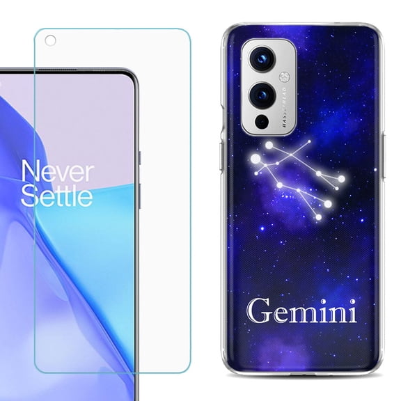 Slim-Fit TPU Phone Case Compatible with OnePlus 9 5G, with Tempered Glass Screen Protector, by OneToughShield ® - Zodiac / Gemini