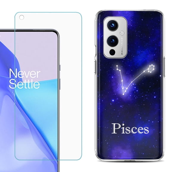 Slim-Fit TPU Phone Case Compatible with OnePlus 9 5G, with Tempered Glass Screen Protector, by OneToughShield ® - Zodiac / Pisces