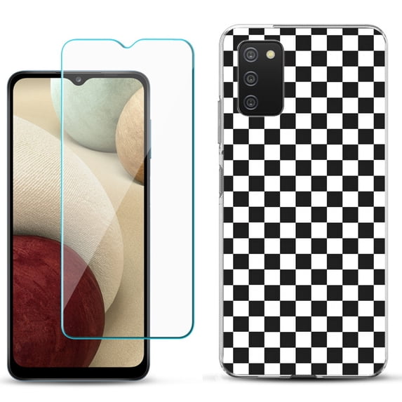 Slim-Fit TPU Phone Case Compatible with Samsung Galaxy A02s, with Tempered Glass Screen Protector, by OneToughShield ® - Checker B/W