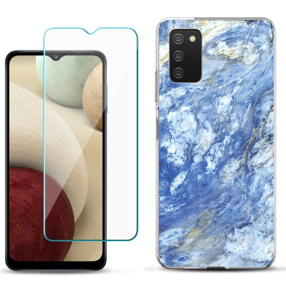 Slim-Fit TPU Phone Case Compatible with Samsung Galaxy A02s, with Tempered Glass Screen Protector, by OneToughShield ® - Marble / Gem Blue