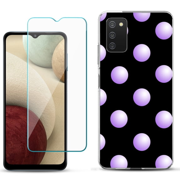Slim-Fit TPU Phone Case Compatible with Samsung Galaxy A02s, with Tempered Glass Screen Protector, by OneToughShield ® - Polka Dot / Purple