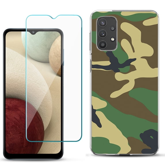 Slim-Fit TPU Phone Case compatible with Samsung Galaxy A32 5G, with Tempered Glass Screen Protector, by OneToughShield ® - Camo Green