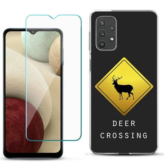 Slim-Fit TPU Phone Case compatible with Samsung Galaxy A32 5G, with Tempered Glass Screen Protector, by OneToughShield ® - Road Sign Deer