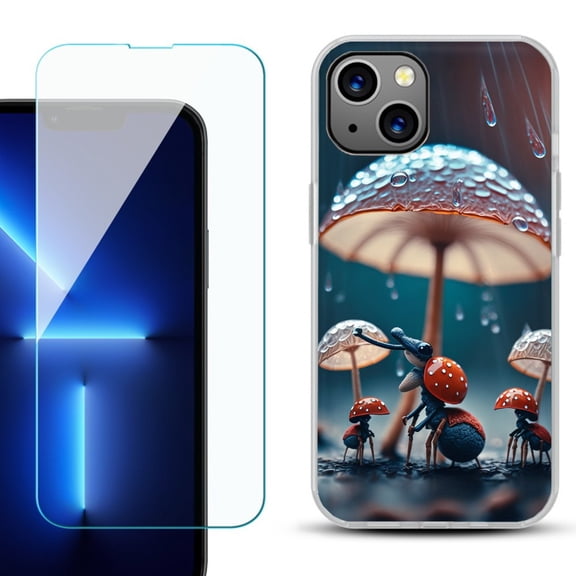 Slim-Fit TPU Phone Case for iPhone 14 Plus, with Tempered Glass Screen Protector, by OneToughShield - Ant n Mushroom