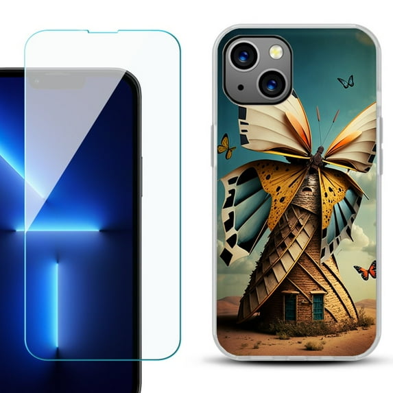 Slim-Fit TPU Phone Case for iPhone 14 Plus, with Tempered Glass Screen Protector, by OneToughShield ® - Butterfly Windmills