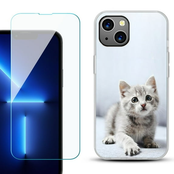 Slim-Fit TPU Phone Case for iPhone 14 Plus, with Tempered Glass Screen Protector, by OneToughShield ® - Kitty Cat