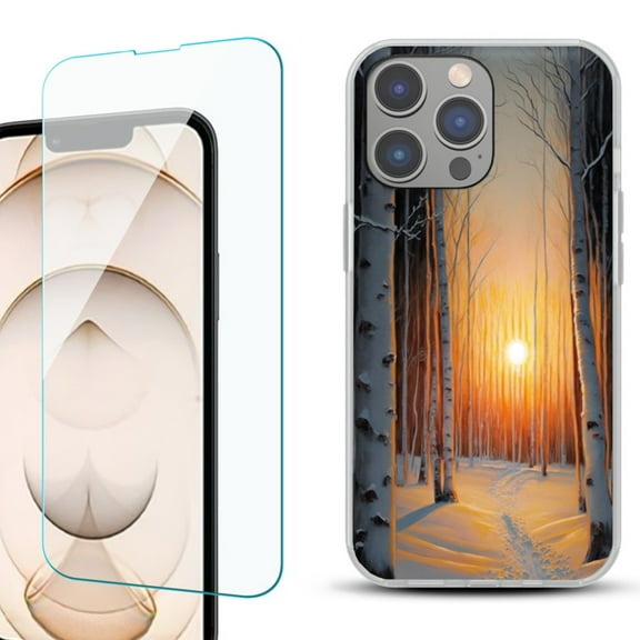 Slim-Fit TPU Phone Case for iPhone 14 Pro, with Tempered Glass Screen Protector, by OneToughShield  - Snow Forest