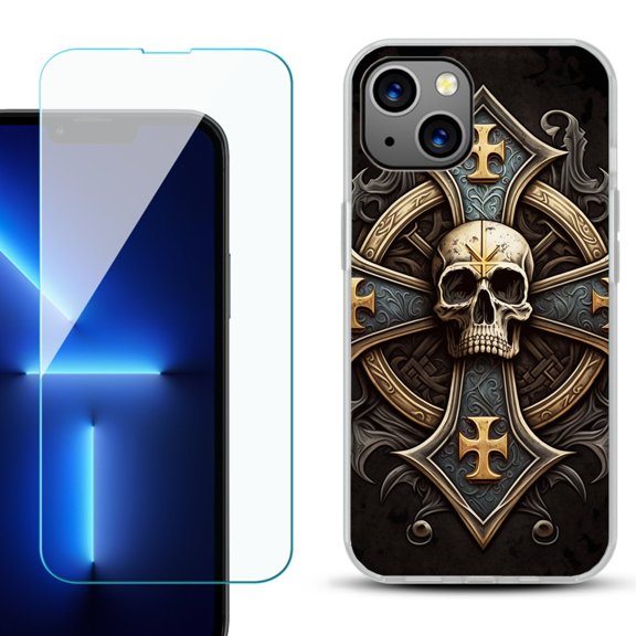 Slim-Fit TPU Phone Case for iPhone 14, with Tempered Glass Screen Protector, by OneToughShield ® - Skull Art