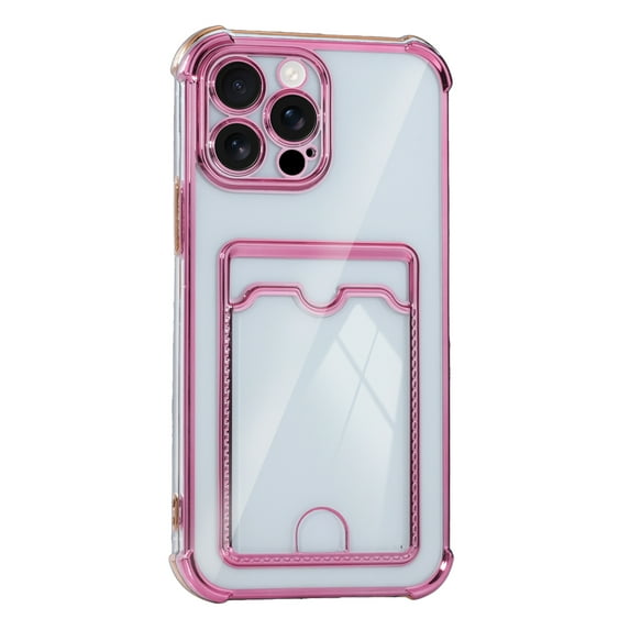 Slim Fit TPU Wallet Case Compatible with iPhone 16e, Luxury Clear Protective Drop Resistant with Plating Bumper Frame, Cute Credit Card Holder Pocket Case, for iPhone 16e, Pink