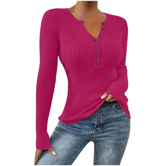 Slim Fit Tops for Women with Buttons Long Sleeve Casual Ribbed Knit Lightweight Base Sweater Pullover Solid Color (S, Hot Pink)