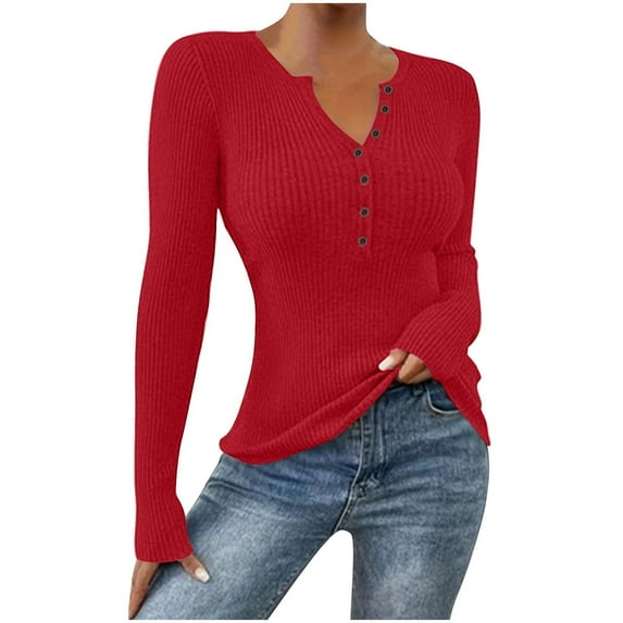 Slim Fit Tops for Women with Buttons Long Sleeve Casual Ribbed Knit Lightweight Base Sweater Pullover Solid Color (XS, Red)