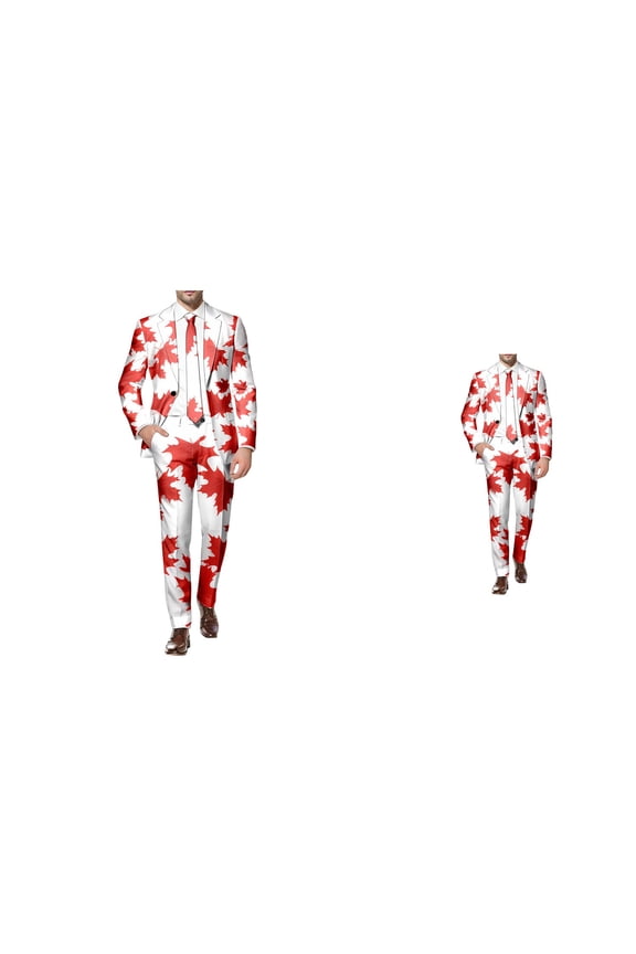 Slim Fit Tuxedo Suits for Men 2 Piece Canada Maple Leaf Printed Lapel V Neck One Button Blazer and Pant Matching Sets for Outdoor Events Vacations Parties Gatherings