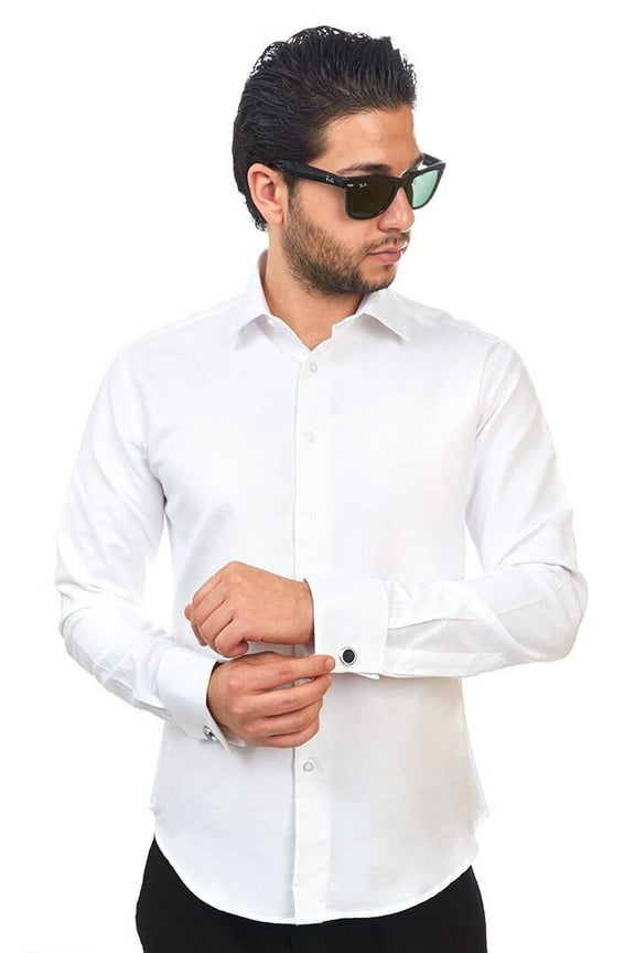 Slim Fit White Double French Cuff Men's Dress Shirt Spread Collar With Cufflinks Size 14 Small