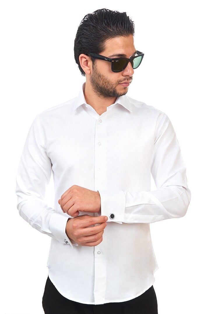 Slim Fit White Double French Cuff Men's Dress Shirt Spread Collar With Cufflinks Size 19
