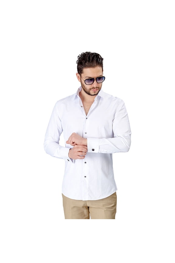 Slim Fit White Herringbone Textured Double French Cuff Men's Dress Shirt Spread Collar With Cufflinks Size 15 Medium