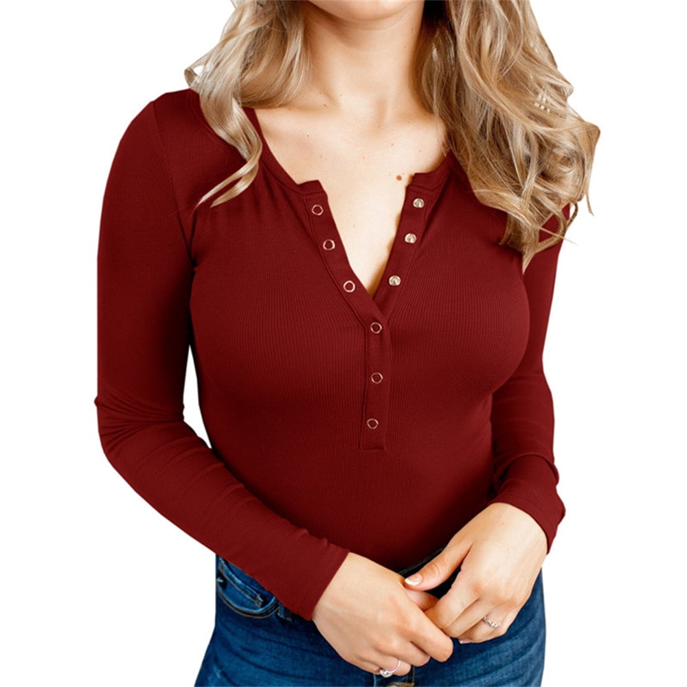 Slim Fit Women Long Sleeve VNeck Henley Shirts Button Knit Tops