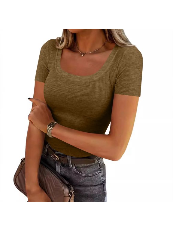 Slim Fit Womens Summer Tops Short Sleeve Square Neck Ribbed Knit Tees Basic Casual Dressy Y2K Tshirts Camel M