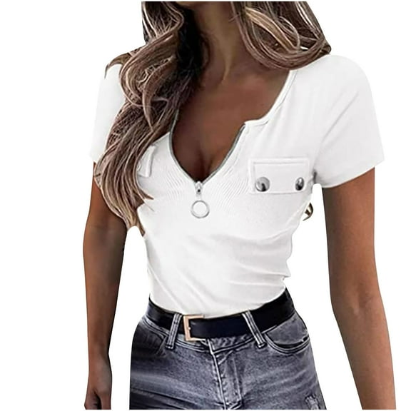 Slim Fitted Tops for Women Summer Short Sleeve V-Neck Zipper Corset Tops Ribbed Soft Casual Club T Shirts Blouses