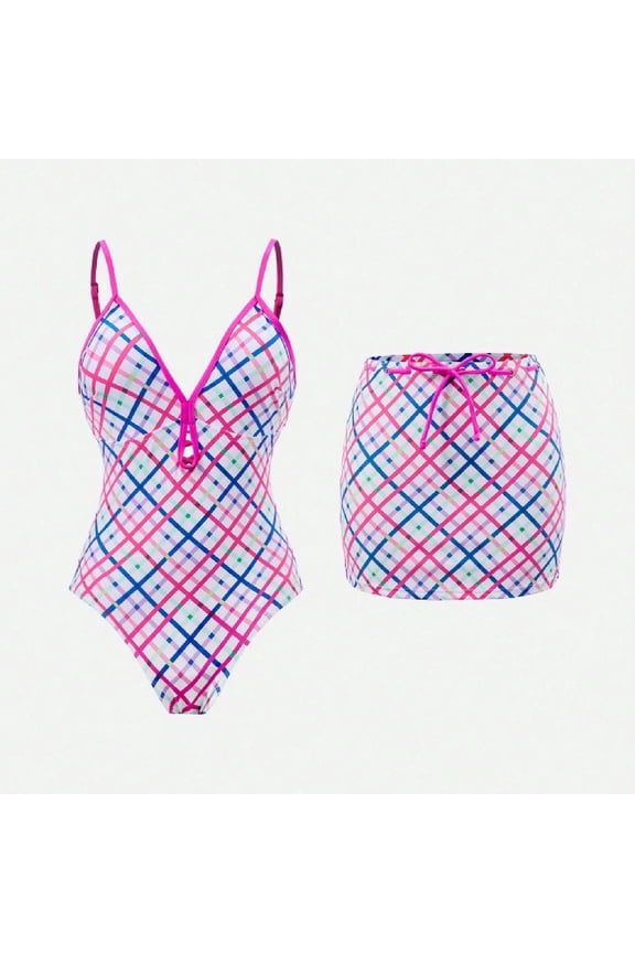 Slim Fitting Swimsuits for Women High Neck Teen Girls Vintage Plaid Swimsuit One Piece Bikini with Skirt High Waisted Bathing Suit Swimwear for Women Purple L