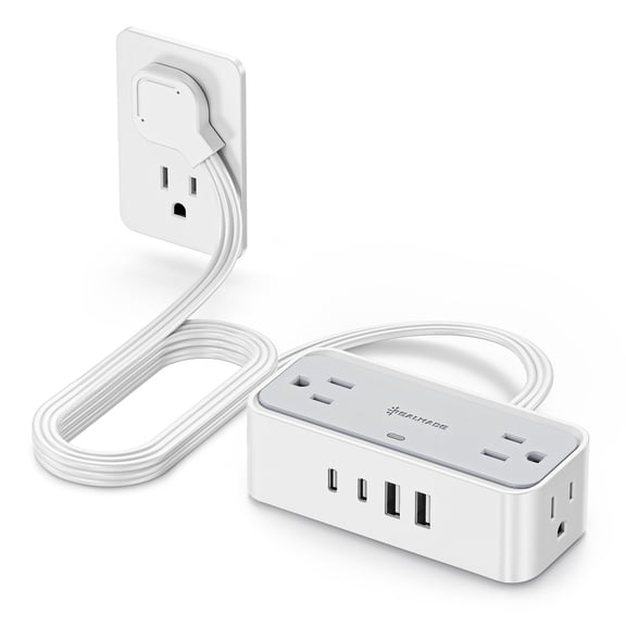 Slim Flat Plug 8-Port Power Strip, USB-A and USB-C Charging with 4 AC Outlets, 950J Surge Protection, 5 FT Cord, Wall Mount Design