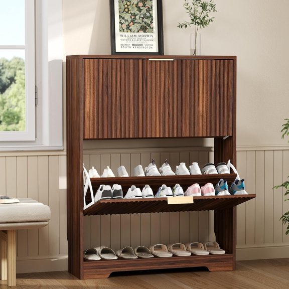 Slim Fluted Shoe Storage Cabinet with 2 Turn Drawers & Adjustable Shelf – Space-Saving Entryway Organizer, Freestanding Wooden Rack – Walnut