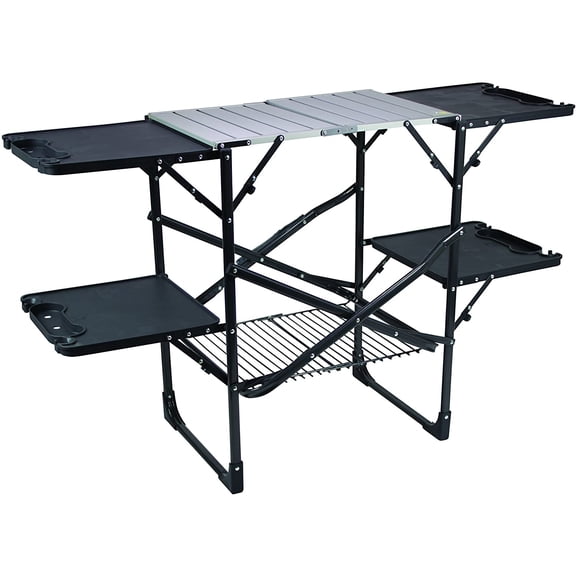 Slim-Fold Cook Station | Portable Folding Kitchen Table with a Heat Resistant Tabletop, 4 Side Tables & Storage Rack, Perfect for Picnics Camping Trips