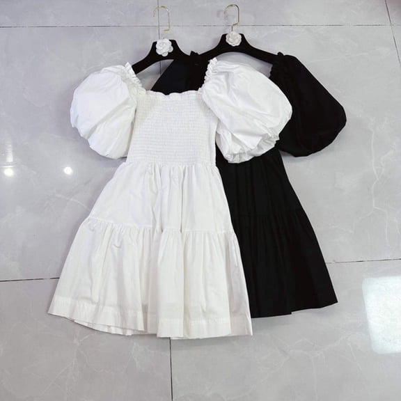 Slim Folds Dresses For Women Square Collar Puff Sleeve High Waist Folds Elegant Dress Female Fashion Clothing New