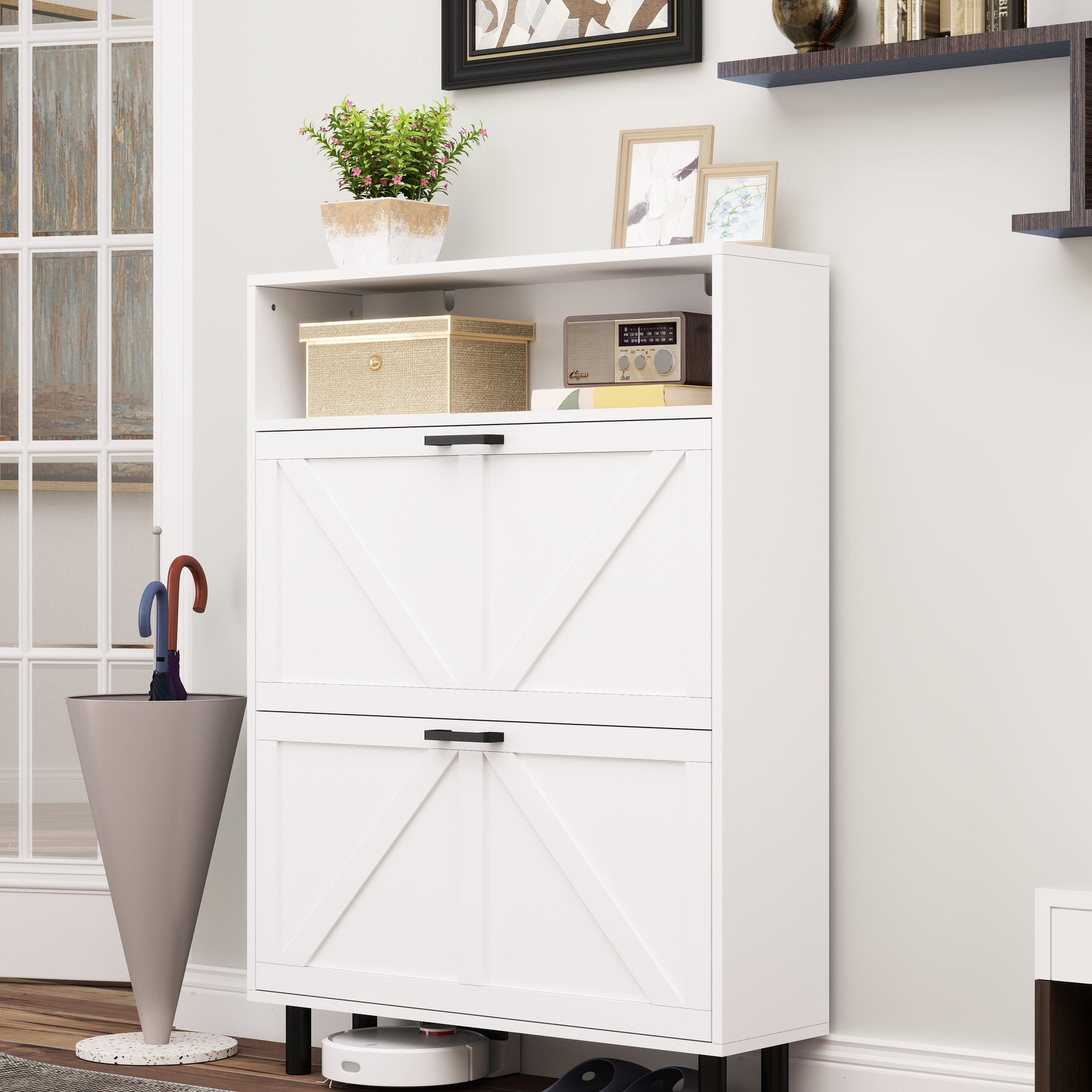 Slim Freestanding Shoe Rack+2 Flip Drawers”-“Narrow Hallway Use+Save ...