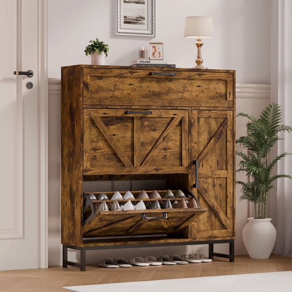 Slim Freestanding Shoe Storage Cabinet with 2 Flip Drawers, Shoe Rack with Open Storage for Entryway, Hallway, and Foyer, Brown