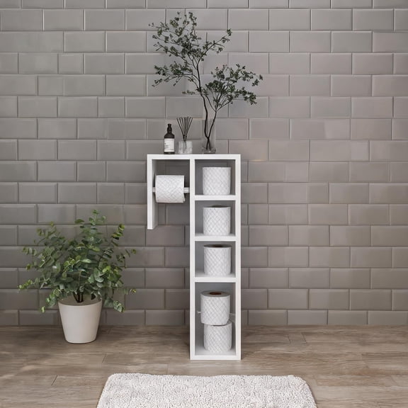 Slim Freestanding Toilet Paper Cabinet with Concealed Storage and Crisp White Finish