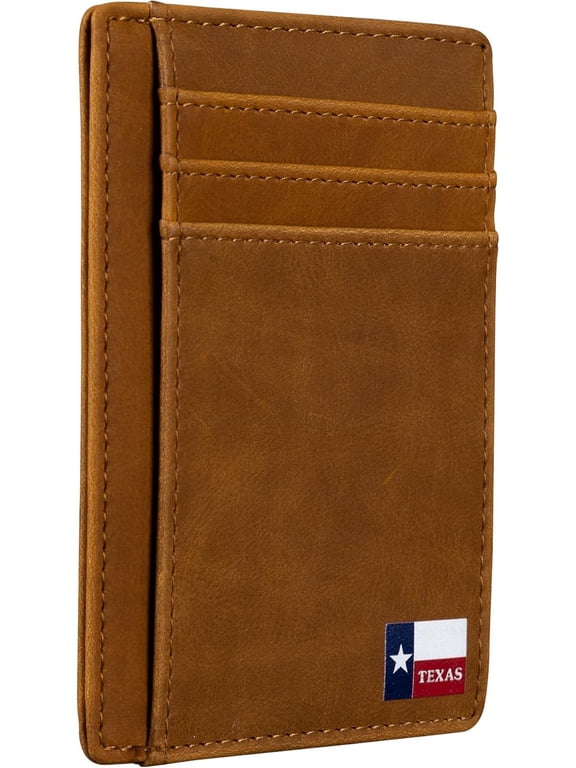 Slim Front Pocket Wallet, PU Leather, Khaki, Card Holder, RFID Blocking with Texas Souvenir Logo, Gift for Texans and their lovers (Texas Flag on Cardholder)