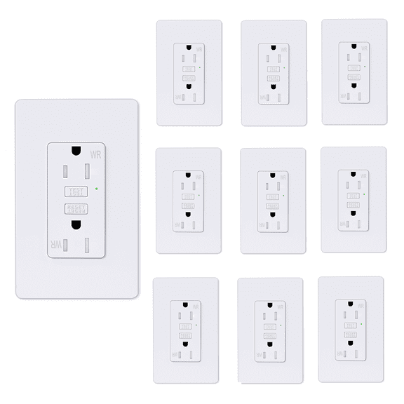 Slim GFCI Outlet 15 Amp,Thin GFI Electrical Outlet,Slim Ground Fault Receptacle Outlet Weather 125 Volt,with Decorator Screwless GFCI Plate,ETL Listed,White GFI,10PK
