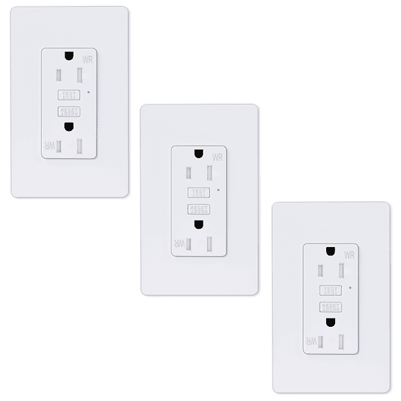 Slim GFCI Outlet 15 Amp,Thin GFI Electrical Outlet,Slim Ground Fault Receptacle Outlet Weather 125 Volt,with Decorator Screwless GFCI Plate,ETL Listed,White GFI,3PK