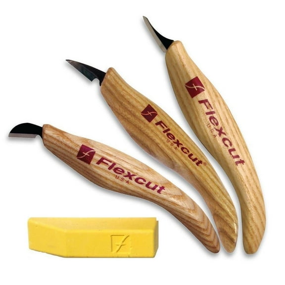Flexcut - KN400 - Detail Knife Set- 3 Piece - Slim Handles - with Sharpening Compound