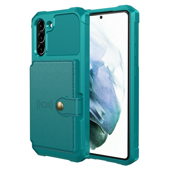 Slim Hard PC Case Compatible with Samsung Galaxy S21 FE, PU Leather Card Holder Back Case Kickstand Shock-absorbing Car Magnetic Case Cover Designed for Samsung Galaxy S21 FE, Green