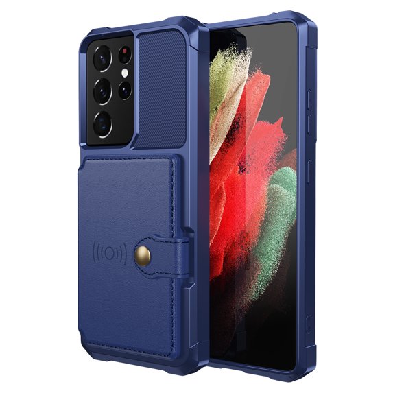 Slim Hard PC Case Compatible with Samsung Galaxy S21 Ultra, PU Leather Card Holder Back Case Kickstand Shock-absorbing Car Magnetic Case Cover Designed for Samsung Galaxy S21 Ultra, Blue