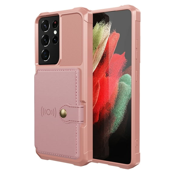 Slim Hard PC Case Compatible with Samsung Galaxy S21 Ultra, PU Leather Card Holder Back Case Kickstand Shock-absorbing Car Magnetic Case Cover Designed for Samsung Galaxy S21 Ultra, Pink