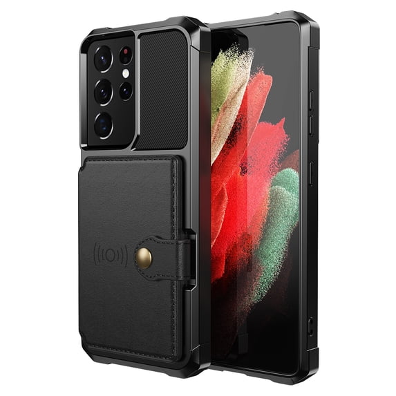 Slim Hard PC Case Compatible with Samsung Galaxy S21 Ultra, PU Leather Card Holder Back Case Kickstand Shock-absorbing Car Magnetic Case Cover Designed for Samsung Galaxy S21 Ultra, Black