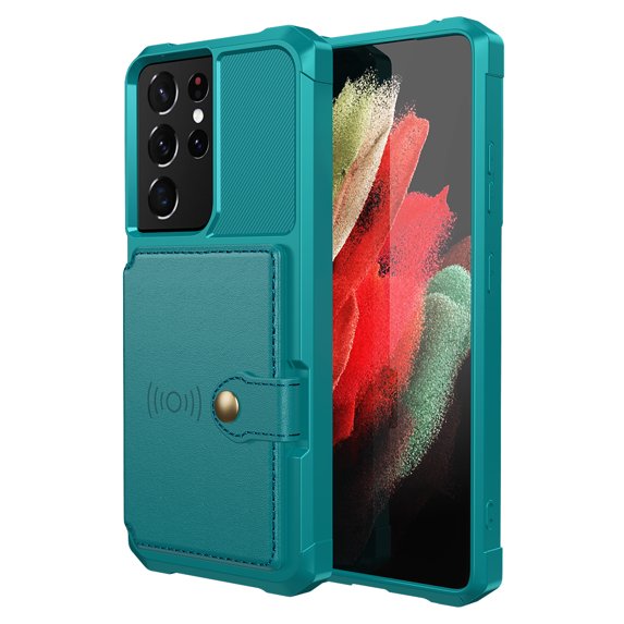 Slim Hard PC Case Compatible with Samsung Galaxy S21 Ultra, PU Leather Card Holder Back Case Kickstand Shock-absorbing Car Magnetic Case Cover Designed for Samsung Galaxy S21 Ultra, Green