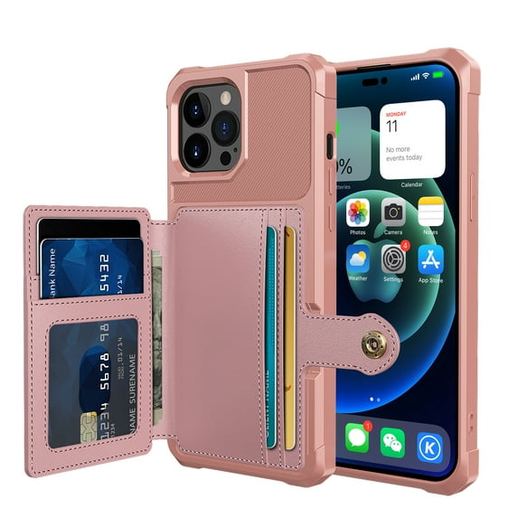 Slim Hard PC Case Compatible with iPhone 12 Pro/12, PU Leather Card Holder Back Case Kickstand Shock-absorbing Car Magnetic Case Cover Designed for iPhone 12 Pro/12, Rosegold