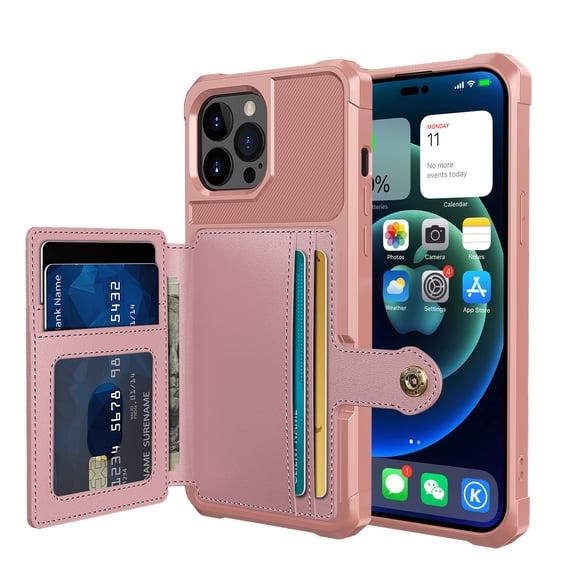 Slim Hard PC Case Compatible with iPhone 12 Pro Max, PU Leather Card Holder Back Case Kickstand Shock-absorbing Car Magnetic Case Cover Designed for iPhone 12 Pro Max, Rosegold