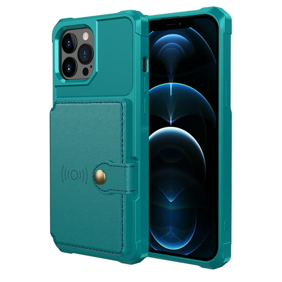 Slim Hard PC Case Compatible with iPhone 12 Pro Max, PU Leather Card Holder Back Case Kickstand Shock-absorbing Car Magnetic Case Cover Designed for iPhone 12 Pro Max, Green