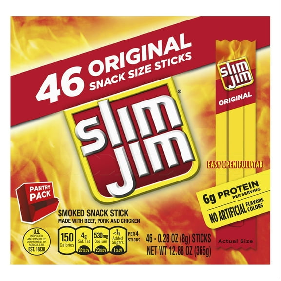 Slim Jim 6g Protein Original Snack-Size Smoked Meat Sticks Pantry Pack, 46 ct (Package May Vary)