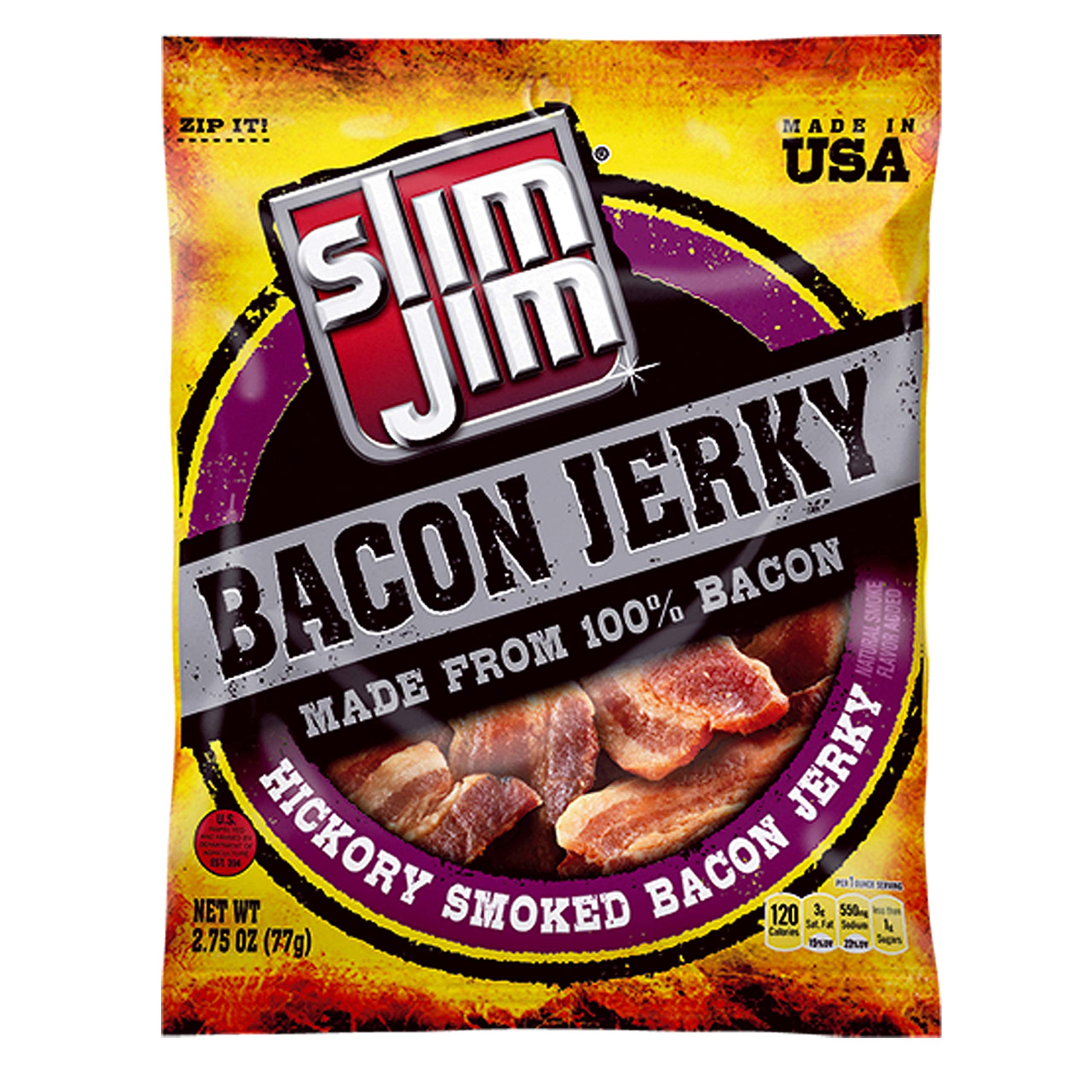 Slim Jim Smoked Bacon Jerky, HYZ01 Hickory Flavor, 10g Protein Per Serving, 2.75 oz. (1 Count)