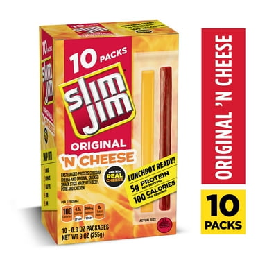 Slim Jim Beef 'N Cheese Smoked Meat Sticks, Original Flavor, 5g Protein Per Serving, Snack Size, Father's Day Gift, 0.9 oz. (10 Count)