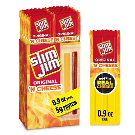 Slim Jim Beef 'N Cheese Smoked Meat Sticks, Original Flavor, 5g Protein Per Serving, Snack Size, 0.9 oz. (10 Count)