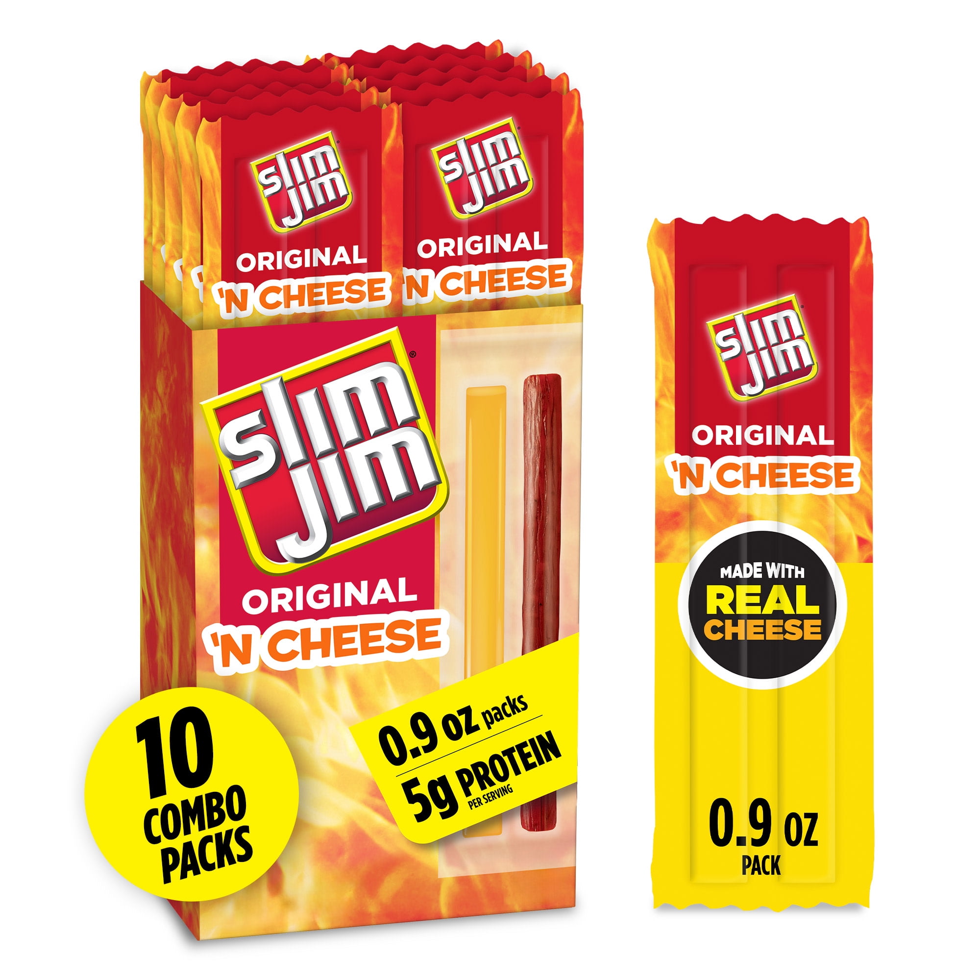 Slim Jim Beef 'N Cheese Smoked Meat Sticks, Original Flavor, 5g Protein Per Serving, Snack Size, 0.9 oz. (10 Count)