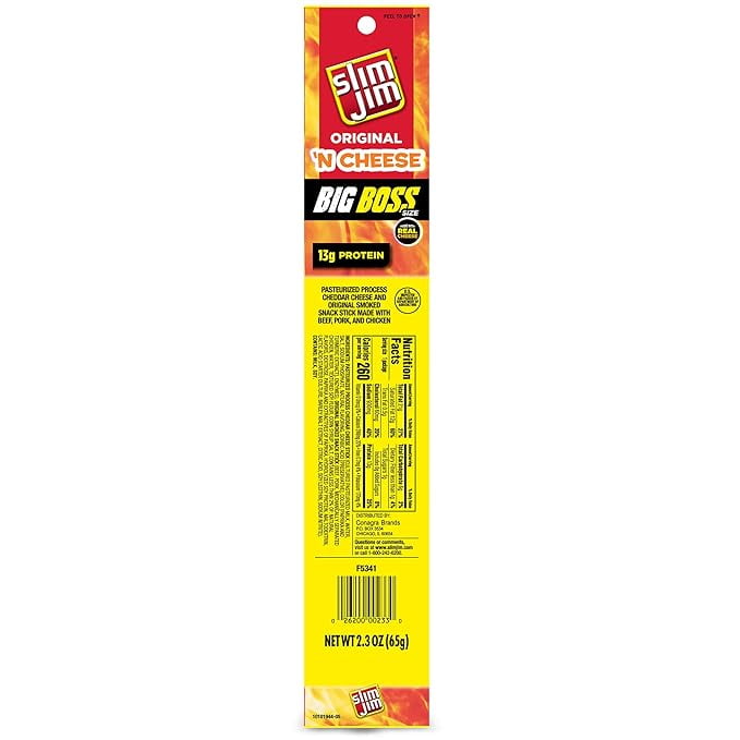 Slim Jim Beef 'N Cheese Smoked Meat Sticks, Original Flavor, High Protein, 2.3 oz.
