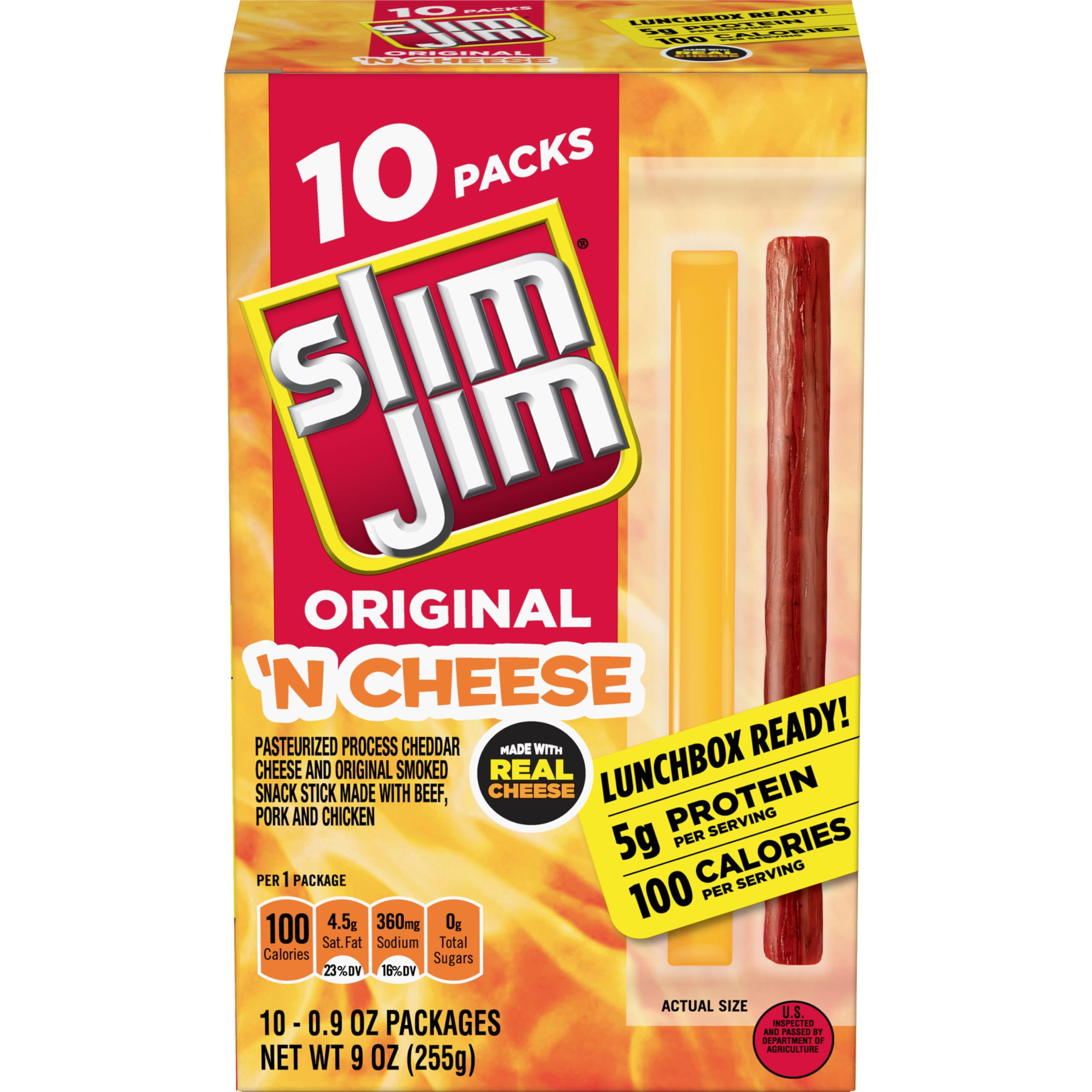 Slim Jim Beef 'N HMF23 Cheese Smoked Meat Sticks, Original Flavor, 5g Protein Per Serving, Snack Size, 0.9 oz. (10 Count)